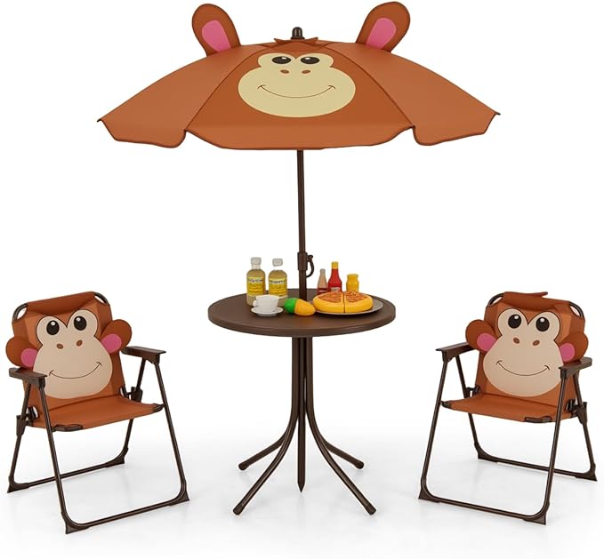 Costzon Kids Picnic Table, Kids Outdoor Table with 2 Folding Chairs, Height Adjustable Umbrella, Portable Children Outdoor Furniture for Patio, Garden, Backyard (Brown)