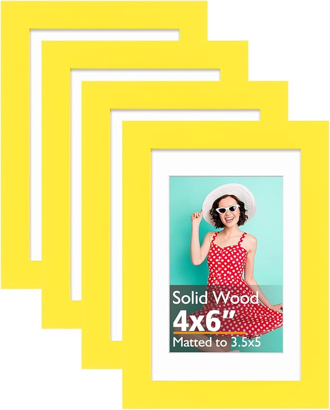 KINLINK 4x6 Picture Frames Yellow, Solid Wood Frames with Acrylic Plexiglass for 3.5x5 with Mat or 4x6 without Mat, Tabletop and Wall Display Photo Frame, Set of 4