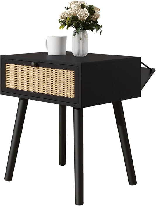 IBUYKE Hidden Compartment Nightstands, Rattan Nightstand with Wood Legs, Boho Side Table Concealment Furniture, Bedside End Table for Bedroom, Easy Assembly, Black UWNS010B