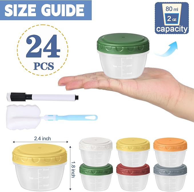 24pcs 2 oz Salad Dressing Container, Reusable Condiment Containers Sauce Cups with Leak-proof Lids, Small Plastic Food Storage Dip Containers for Lunches, Freezer, Microwave & Dishwasher Safe