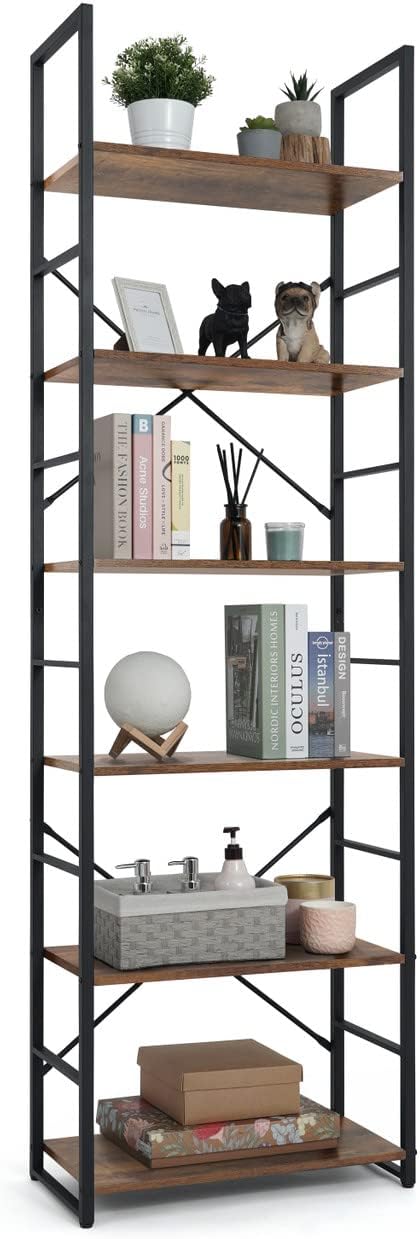CAPHAUS 6 Tier Bookshelf, 24 Inch Width Free Standing Shelf, Bookcase Shelf Storage Organizer, Industrial Book Shelves for Home Office, Living Room, Kitchen, Rustic Oak Vintage Shelves & Metal Frame