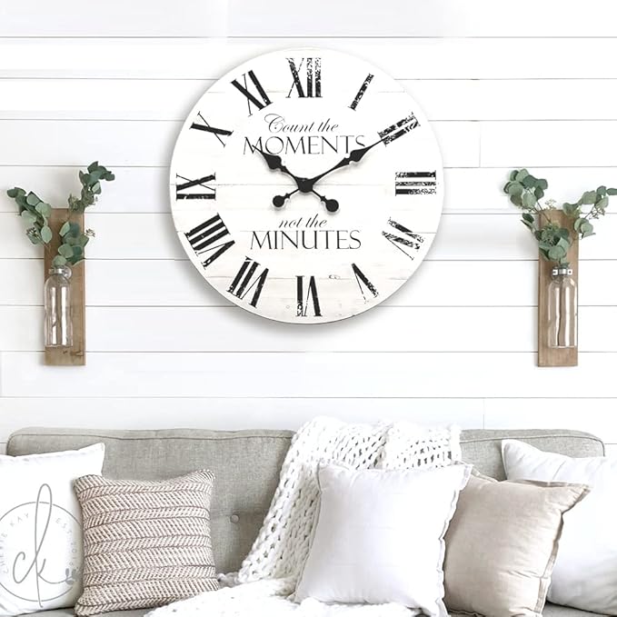 24 Inch Inspritional Silent Quartz Clock,White Distressed Shiplap Farmhouse Wooden Wall Clocks for Indoor Decor