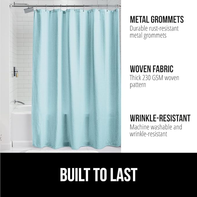 GORILLA GRIP Waffle Shower Curtain, Thick Weighted Fabric, Wrinkle and Rust Resistant, Classic Hotel Quality Design, Heavy Duty Long Curtains for Bathroom Showers Bath Tubs Machine Wash 72x72 Spa Blue