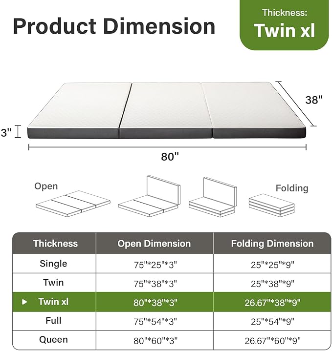 Folding Mattress 3in TwinXL Memory Foam Tri-Folding Mattress with Washable Cover Foldable Floor Mat for Guest Bed, Camping, Yoga, RV Travel, White (Size: 38" L x 80" W x 3" Th)