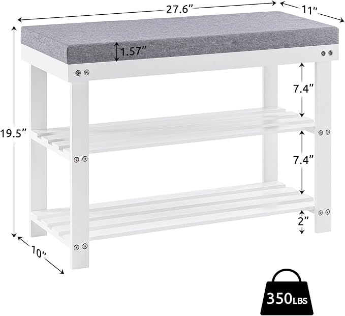 Apicizon 3-Tier Shoe Rack for Entryway, Bamboo Shoe Bench with Cushion Padded Seat, Small Shoe Organizer with Storage for Indoor Entrance Hallway Bedroom Living Room, White