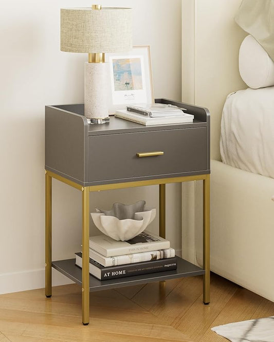 Masupu Grey Nightstand,3-Tier Modern Bedside Table Night Stand with Storage Drawer and Shelf,Small End Side Table for Bedroom,Living Room,(Without Outlet,)