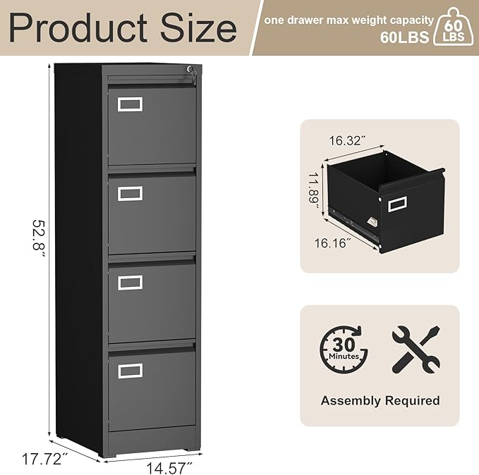 4 Drawer File Cabinet with Lock,Vertical Narrow Filing Cabinets for Home Office, Metal Black File Cabinet for A4 Legal/Letter Size