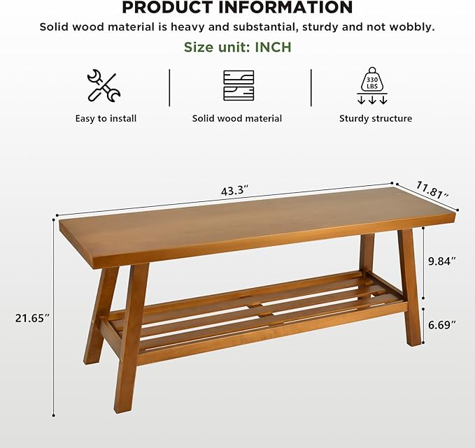 43.3" Farmhouse Solid Wood Bench, Long Rustic Storage Entryway Bench for Indoor, Bedroom,Dining Room, Living Room and Hallway