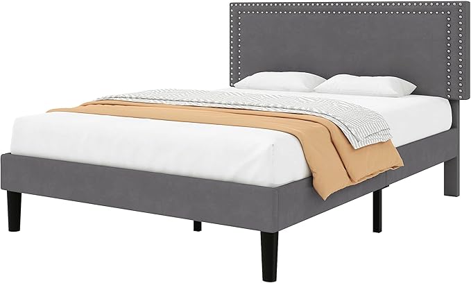 VECELO Queen Size Bed Frame with Adjustable Upholstered Headboard, Wooden Slats Platform, Noise-Free Design, No Box Spring Needed, Easy Assembly