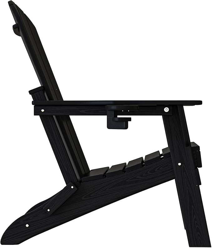 Plawdlik Folding Adirondack Chair Set of 4, Cup Holder，Wooden Textured ，Heavy All-Weather HDPE Comfortable Set Poolside Backyard Lawn Black