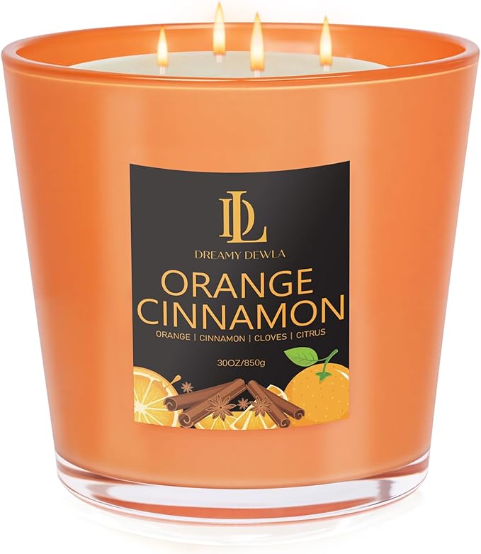 Orange Cinnamon Candle, Fall Scented Candles, Large 30oz Natural Soy Candles, 4-Wick 80 Hour Burn Time, Holiday Candle Gifts for Home Decor