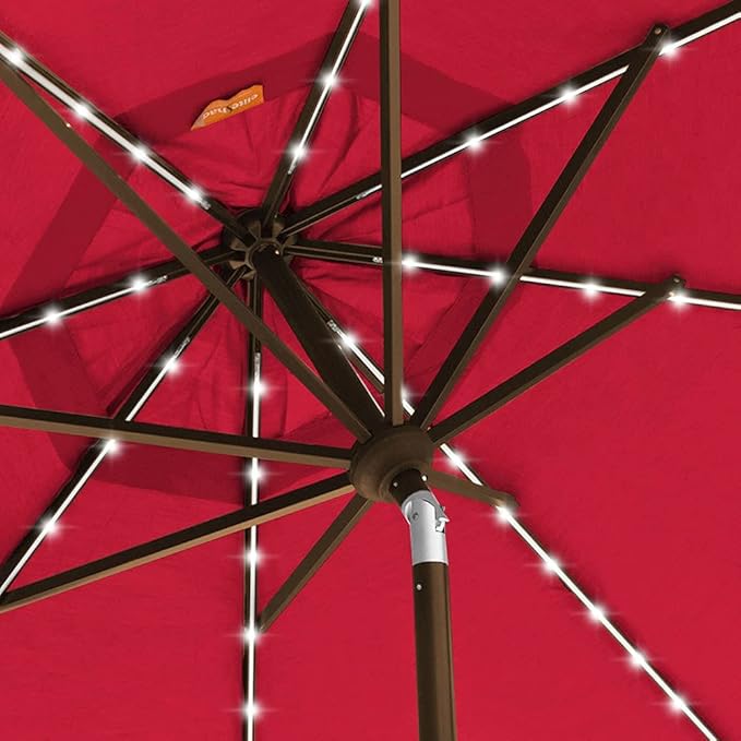 EliteShade USA 10-Year-Non-Fading Solar 9ft Market Umbrella with 80 LED Lights Patio Umbrellas Outdoor Table Umbrella with Ventilation, Logo Red