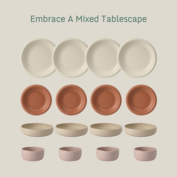 Bloomhouse Corsica Clay 16 Piece Stoneware Rustic Reactive Glaze Dinnerware Set - Stackable Plates and Bowls Set. Service for 4 - Matte Assorted Colors