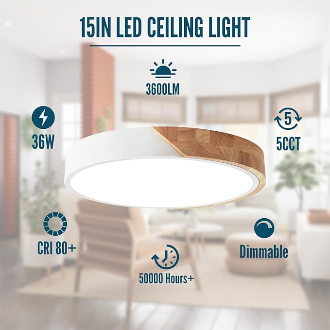 LED Flush Mount Ceiling Light Fixture Wood,16 inch Kitchen Light Fixtures Ceiling Mount 36W, Round Close to Ceiling Light Dimmable 5CCT for Bedroom,Kitchen,Living Room
