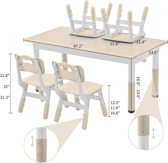 Toddler Table and Chairs Set for 4, 47.2''L x 23.6''W Kids Study Table and Chair Set, Height-Adjustable, Graffiti Desktop, Children Activity Table for Daycare, Classroom, Home