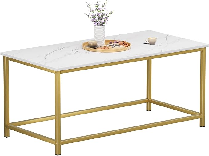 SAYGOER White Faux Marble Coffee Table Simple Modern Rectangular Coffee Tables Open Design Minimalist Center Table for Living Room Office, 39.37 x 19.69 x 17.72, White Gold