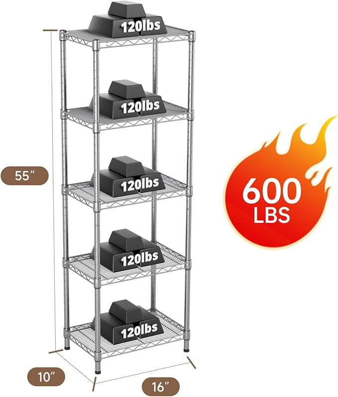 Small 5 tire Shelves Storage Wire Shelving Unit Metal Shelf Adjustable Organizers Storage Shelving for Bathroom Laundry Room Kitchen Pantry10”D x 16”W x 55”H Silver