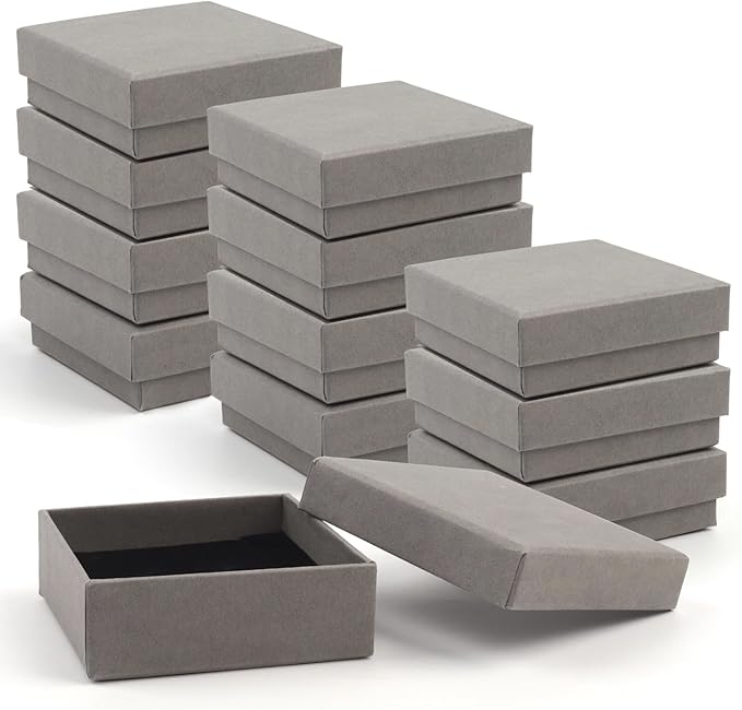 Jewelry Gift Boxes - 12 Pieces Square Cardboard Boxes, Cotton Filled, 3.5x3.5x1.25 Inches (Gray)