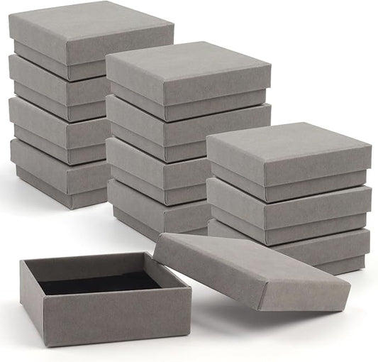 Jewelry Gift Boxes - 12 Pieces Square Cardboard Boxes, Cotton Filled, 3.5x3.5x1.25 Inches (Gray)