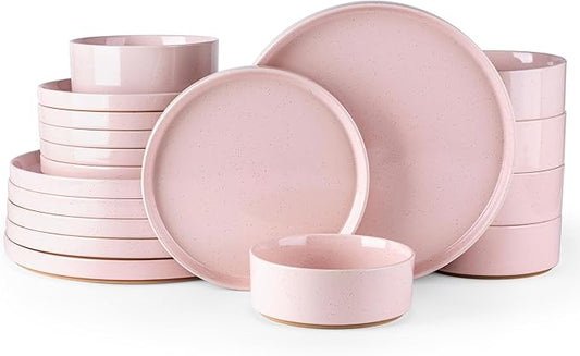AmorArc Ceramic Dinnerware Set for 6 | Speckled Stoneware Plates and Bowls with Rustic Terracotta Underside| Scratch Resistant,Dishwasher & Microwave Safe Dishes Sets- 18pcs Pink