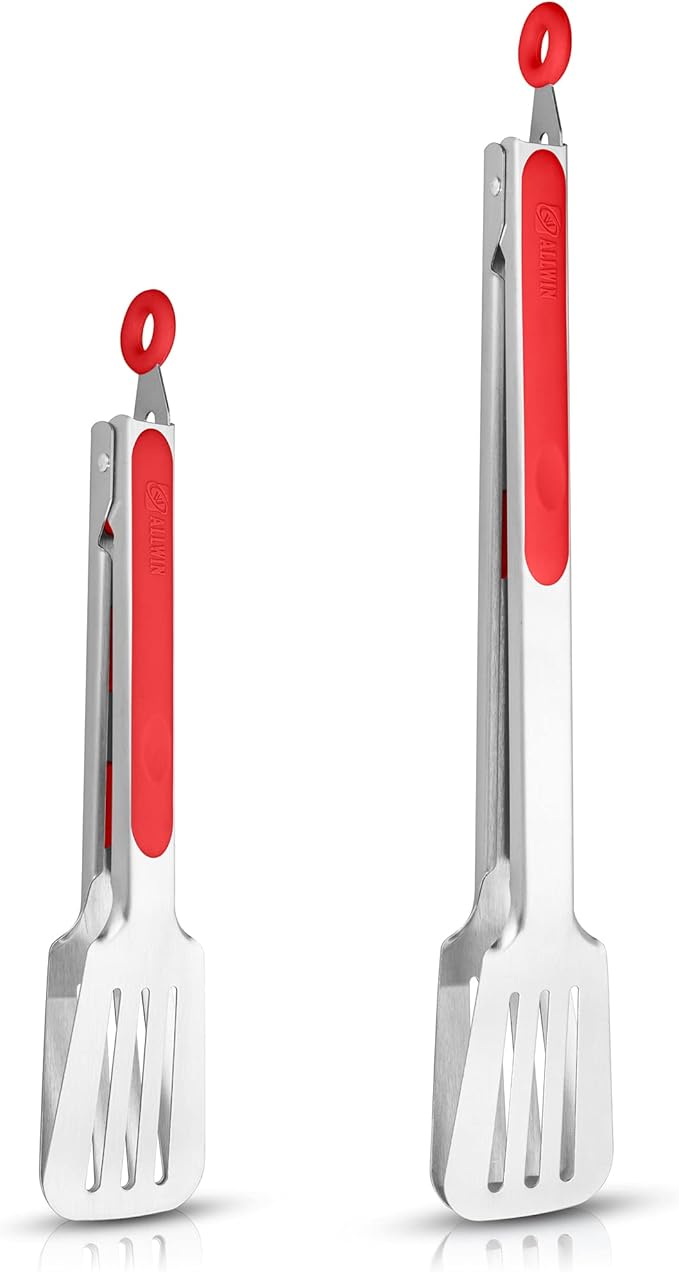 Premium 304 Stainless Steel Barbecue Turners, Heavy Duty Non-Stick BBQ Cooking Kitchen Tongs, 9" and 12" Red