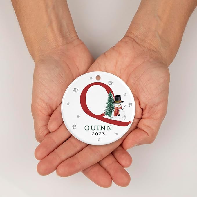 Andaz Press Personalized Ornament, Custom Name, Initial Q Monogram Snowman 2.8" Ceramic Porcelain 2025 Christmas Ornament Keepsake for Kids, Boys, Girls, Includes Gold Ribbon & Gift Box, 1-Pack