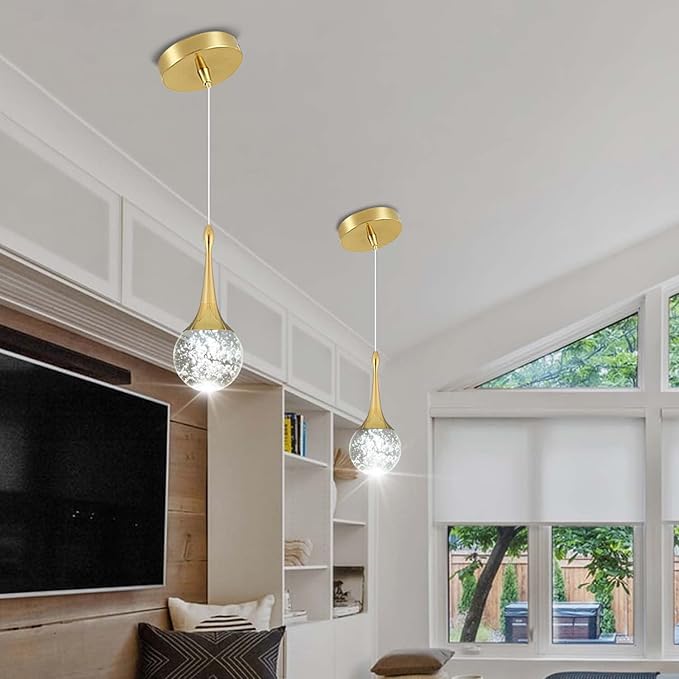 Flashing God Gold 1 Light Teardrop Crystal Pendant Lighting,Integrated Pendant Light with Crystal Bubble for Kitchen Island Globe Fixtures, Chromed Finished 2700k 4500k 6000k