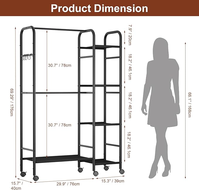 Portable Closets For Hanging Clothes,Wardrobe Closet Racks For Hanging Clothes,Sturdy Clothes Rack Heavy Duty,4-Tier Metal Freestanding Clothing Racks With Shelves, 45" X 16" X 69"