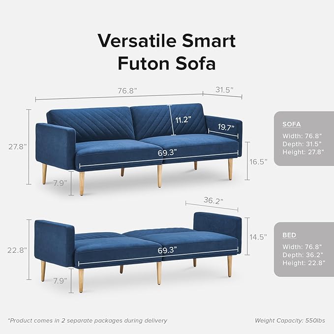 mopio 76.8" Futon Sofa Bed, Small Couch, Sleeper, Loveseat, Mid Century Modern Futon Couch, Sofa Cama, Couches for Living Room (Classic Blue Velvet)