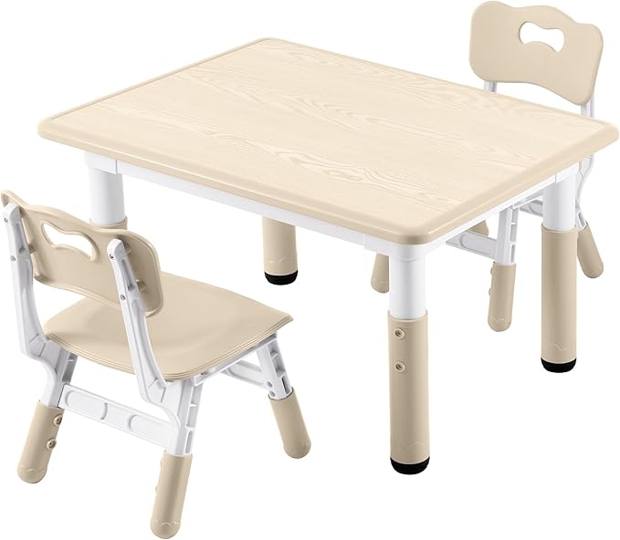 Kids Study Table and Chairs Set, Height Adjustable Toddler Table and Chair Set for Kids Ages 3-8, 31.5" L x 23.6" W Graffiti Desktop Plastic Children Art Table with 2 Seats, Burlywood