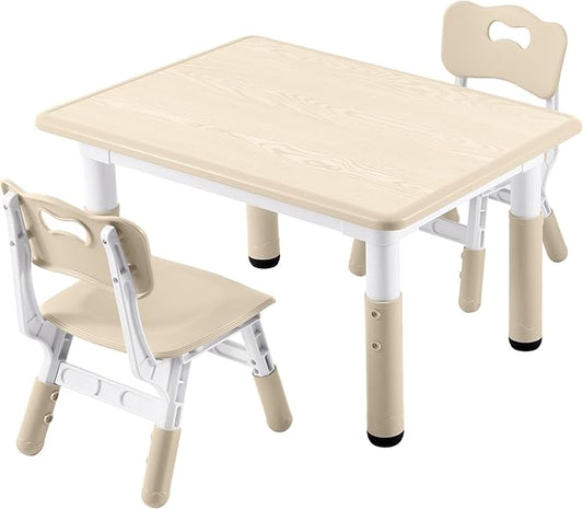 Kids Study Table and Chairs Set, Height Adjustable Toddler Table and Chair Set for Kids Ages 3-8, 31.5" L x 23.6" W Graffiti Desktop Plastic Children Art Table with 2 Seats, Burlywood