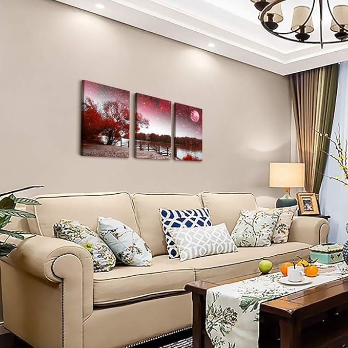 Wall Art Decor Poster Living Room abstract Red Tree Moon Starry Sky red Landscape Painting Bathroom Wall Art Bedroom Canvas Prints 3 Pieces Picture Works Ready to Hang Office Home decoration Artwork