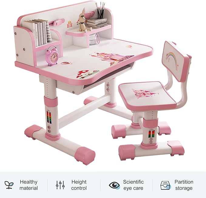 Kids Desk and Chair Set, Height Adjustable Kids Study Table and Chair Set, Children School Desk with Storage Drawer and Book Stand, Ergonomic Child Toddler Deskwith Sitting Posture Corrector (Pink 4)