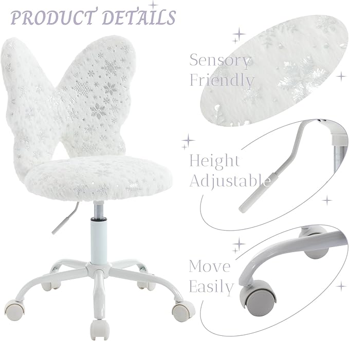 Cute Fuzzy Kids Chair for Teenage Girls Rolling Study Desk Student Chair Furry Computer Task Chair, Adjustable Butterfly Shaped Reading Vanity Chair for Bedroom, White