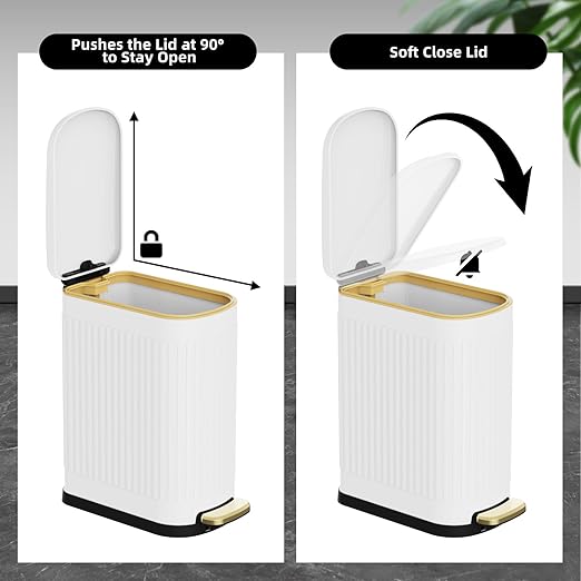 2.6 Gallon Slim Bathroom Trash Can with Soft Close Lid, 10L Stainless Steel Garbage Can with Removable Liner Bucket, for Narrow Spaces, Bathroom, Bedroom (White)