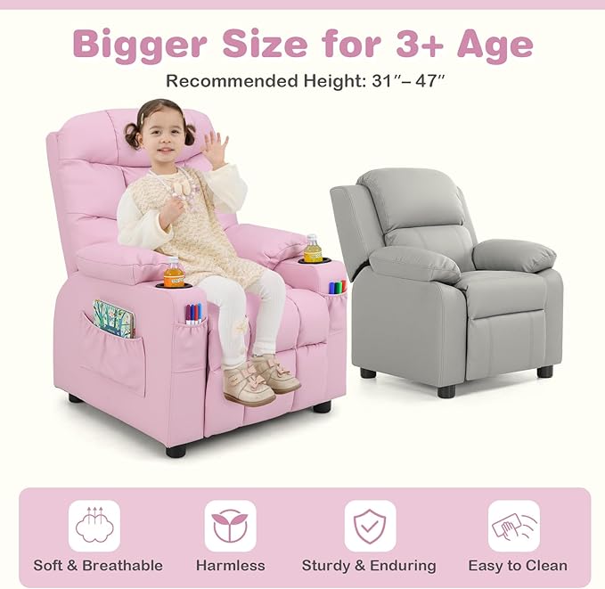 Kids Recliner, Kids Recliner Chair w/ 2 Cup Holders, PU Leather Kids Chairs Comfy w/Adjustable Backrest & 3 Pockets, Toddler Furniture Sofa for Boys Girls Aged 3+ (Pink)