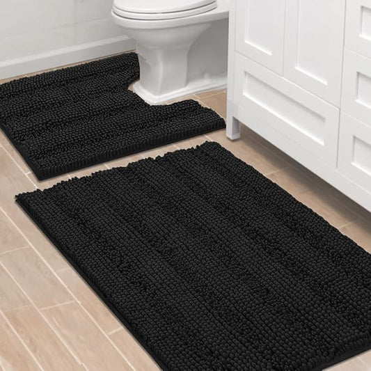 H.VERSAILTEX Bathroom Rugs Bath Rug Set 2 Piece Bathroom Contour Rug Toilet Mat Sets Non Slip Contour Bath Rug Ultra Thick Water Absorbent Striped Bath Mats Washable(36" x 24" Plus 20" x 24" U, Black)