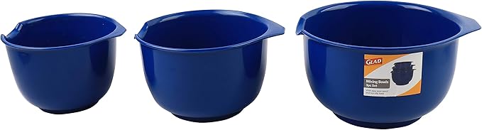 GLAD Mixing Bowls with Pour Spout, Set of 3 Nesting Design Saves Space Non-Slip, BPA Free, Dishwasher Safe Plastic Kitchen Cooking and Baking Supplies, Blue