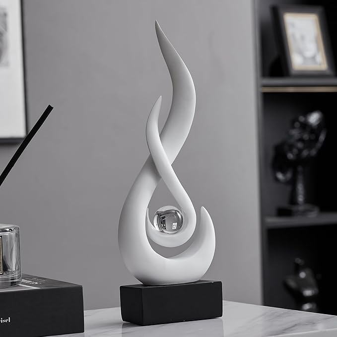 AWNR Abstract White Sculpture Decor: Flame Statue with Glass Ball Resin Art Figurines Unique Centerpiece Table Decorations Modern Home Decor Living Room TV Stand Coffee Table Office Decor