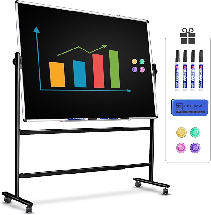 Mobile Dry Erase Blackboard 36 x 24, Magnetic Portable Black Dry Erase Board with Stand, Rolling Double Sided Chalkboard with Wheels - Easel Standing Black Board for Office, School & Home