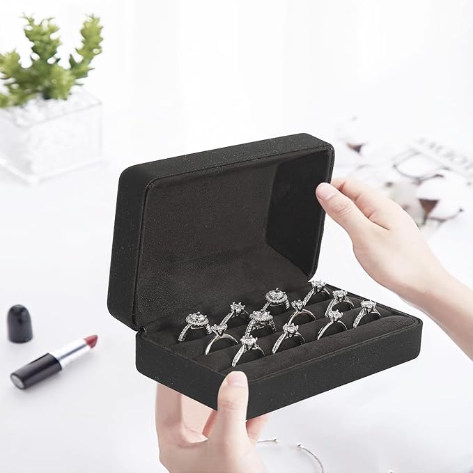 Ring Storage Boxes for Multiple Rings, Compact and Stylish Travel Jewelry case, Portable Small jewelry Organizer Box Tray Gift for Women, Girl(Black)