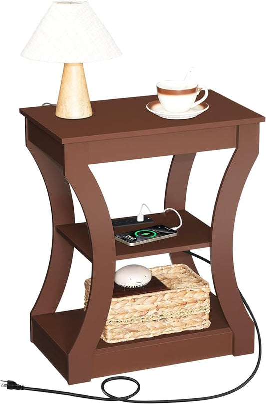 End Table with Charging Station, Side Table with USB Ports and Outlets, 3 Tier Nightstand with Storage Shelf for Small Spaces, Living Room, Bedroom, Cherry ETWA53E01