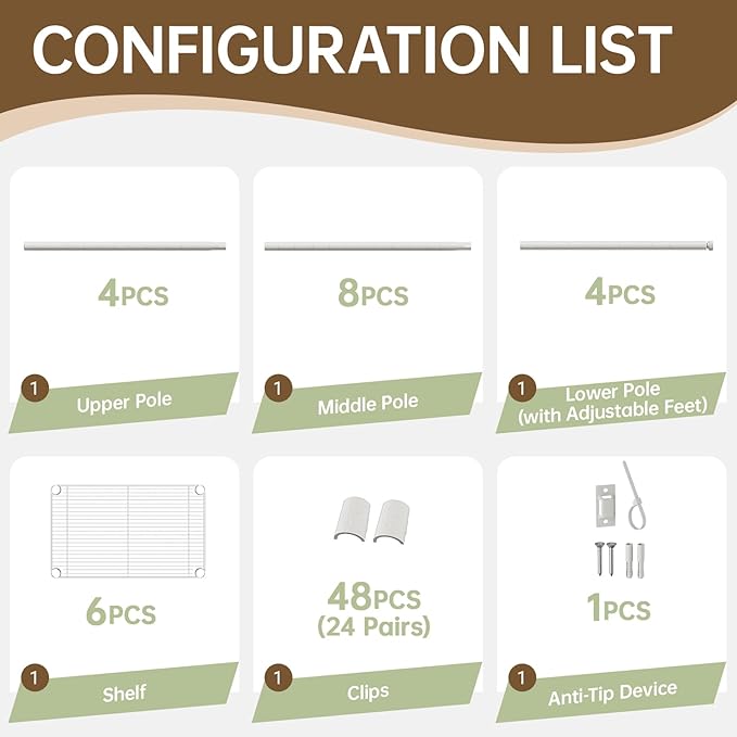 Small 6 tire Shelves Storage Wire Shelving Unit Metal Shelf Adjustable Organizers Storage Shelving for Bathroom Laundry Room Kitchen Pantry10”D x 16”W x 60”H White