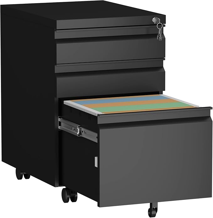 3 Drawer File Cabinet,Metal File Cabinet 2 Drawer with Lock,Small Filing Cabinets for Home Office,Letter/Legal/A4 Size,Black
