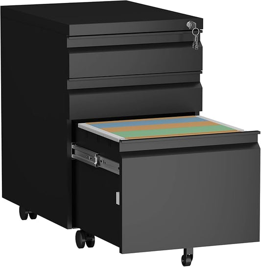 3 Drawer File Cabinet,Metal File Cabinet 2 Drawer with Lock,Small Filing Cabinets for Home Office,Letter/Legal/A4 Size,Black