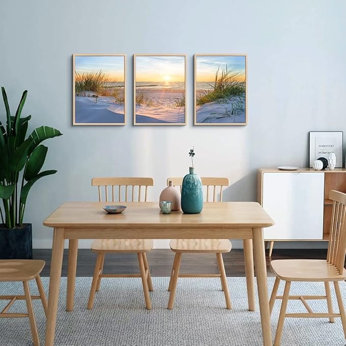 Natural Wood Framed Wall Art for Living Room and Bedroom - Large Size Sun Blue Beach Pictures - Office and Home Decor - Ocean Paintings Set of 3 Piece Framed Art Prints