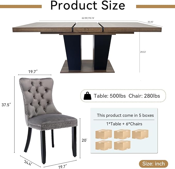 Goujxcy 7-Piece Extendable Dining Table Set for 6-8 People 63-78 Inch Kitchen Table Set with 6 Velvet Upholstered Chairs Farmhouse Rectangular Dining Room Table Set for Kitchen Dining Room Apartment