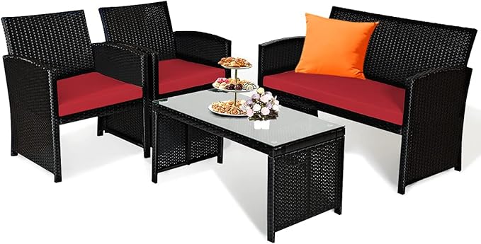 Tangkula Patio Wicker Conversation Furniture Set, Patiojoy Sofa & Table Set w/4 Seats, Outdoor Rattan Sofa Set for Balcony Backyard, Wicker Chair Set with Tempered Glass Coffee Table (2, Red)