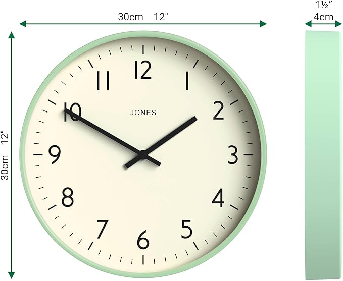 JONES CLOCKS® Studio Wall Clock | Modern Round Clock | 12 inch | Neo Mint Green | Easy to Read Numbers | Versatile Design for Kitchen, Living Room or Office