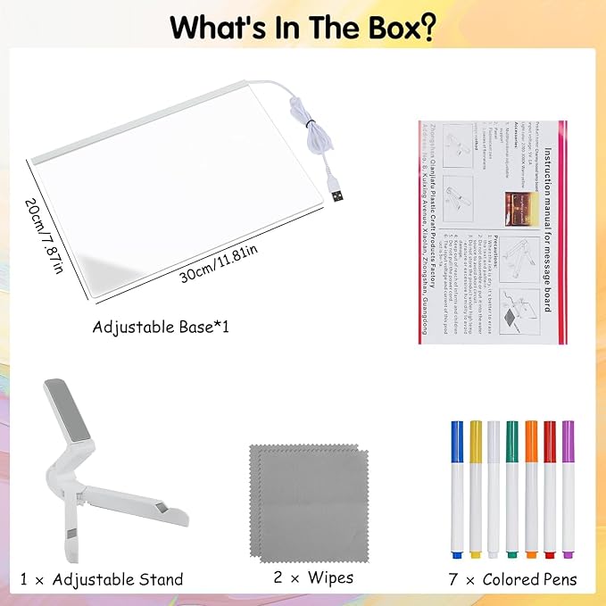 LED Note Board with Colors, Acrylic Dry Erase Board with Light and 7 Colorful Pens, Light up Dry Erase Board with Stand for Family/Office/School/bar/Cafe (11.8 X 7.9”)